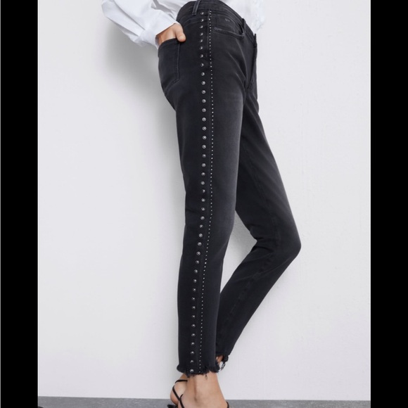 Zara Denim - Zara black studded side stripe high rise skinny jeans
